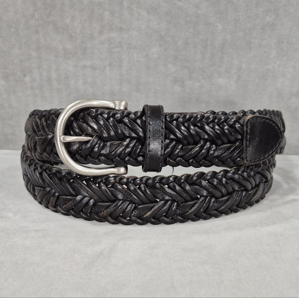 Marshall Fields belt men's 40 blackish-brown woven leather brushed silver buckle